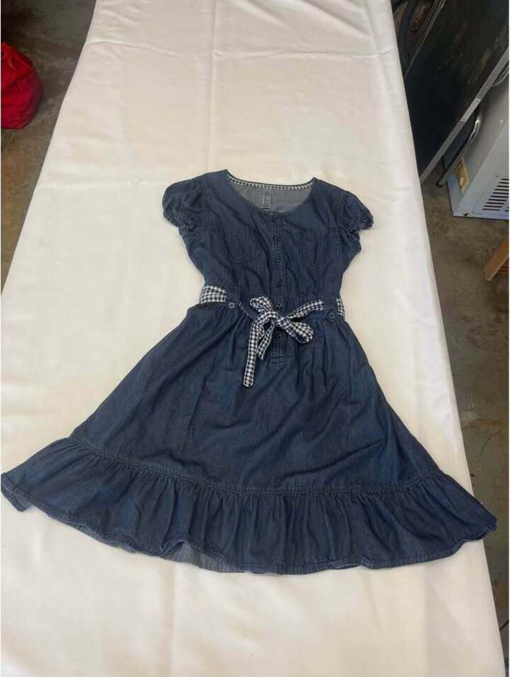 Cherokee Girls Chambray Denim Dress Gingham Belt Size L 10/12